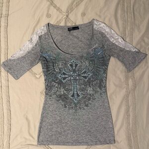 Angels & Diamonds Gray Short-Sleeve Tee with Turquoise Cross